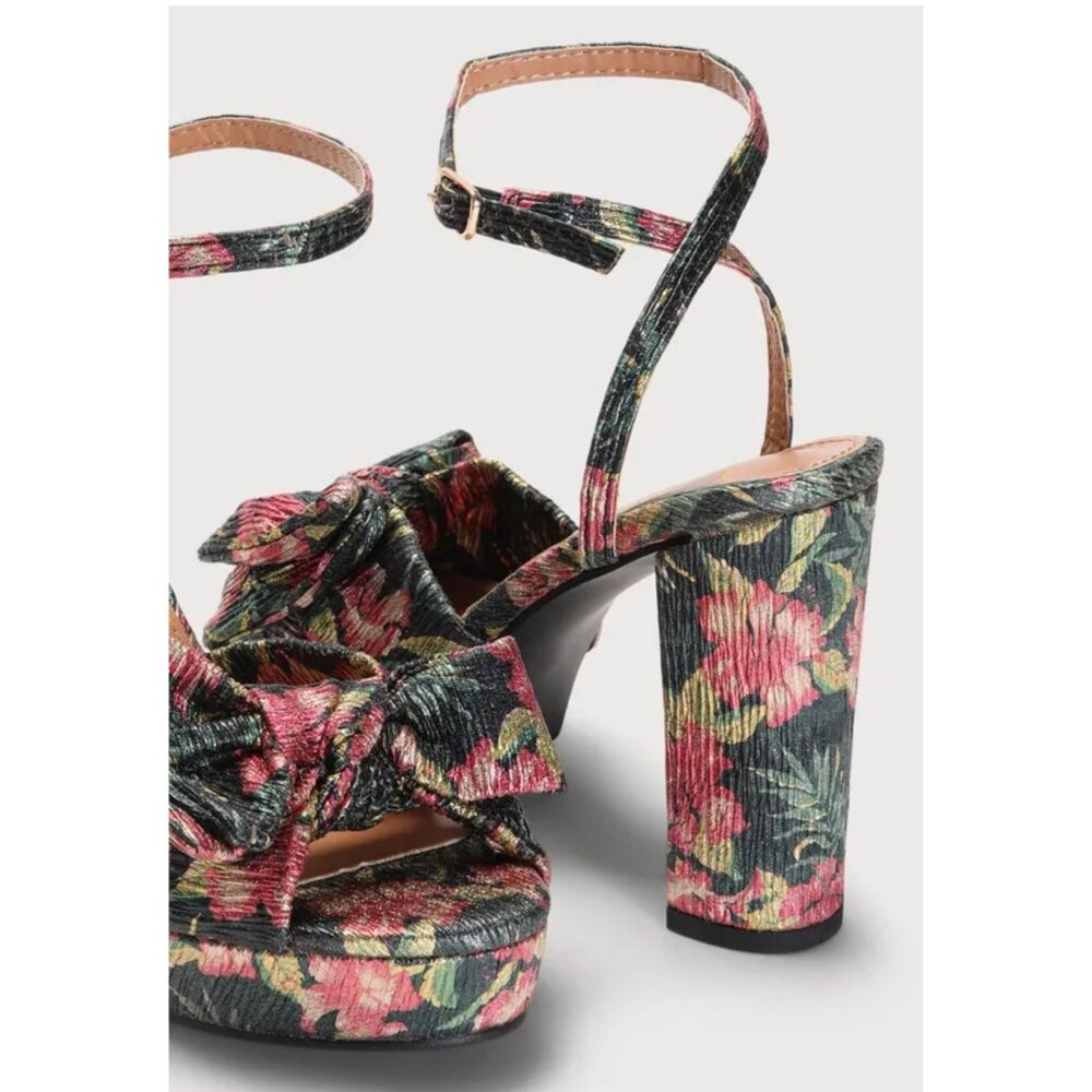 NEW! Lulus Lilso Black Floral Metallic Bow Platform Ankle Strap Block Heels -8.5 - Picture 2 of 7
